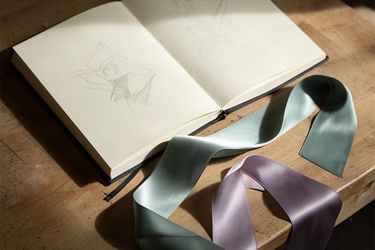 Cuaderno con notas de composición junto a una cinta de danza en un estudio